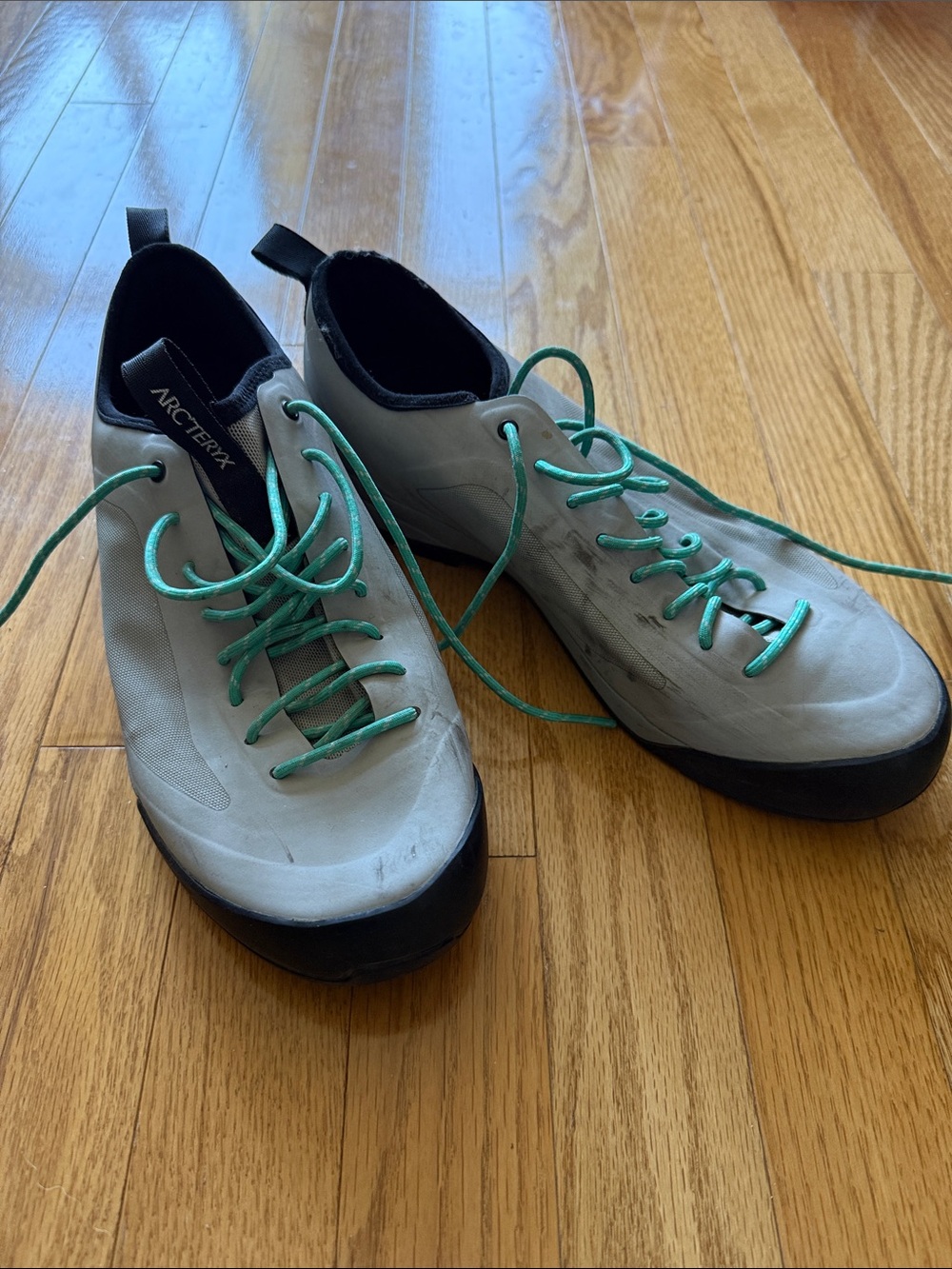 Arc'teryx Light Gray Climbing Shoes with Teal Laces